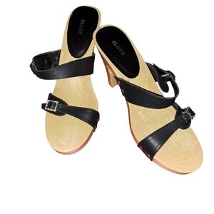 Clove Tiffany Wood and Leather Mules Heels.  Rhinestone Buckles. Size 8 1/2